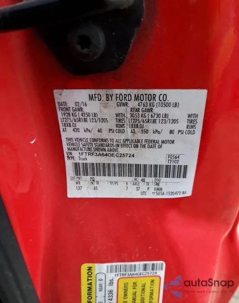 2016 Ford F350 Super Duty из США, поврежденный, VIN 1FTRF3A64GEC25724